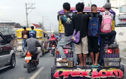 <p><strong>OVERLOADED.</strong> Four men hanging on the back of an overloaded jeepney. The Land Transportation Franchising and Regulatory Board on Friday (Jan. 31, 2020) ordered all public utility vehicle drivers and conductors to wear face masks due to the 2019 novel coronavirus (nCoV).<em> (File photo)</em></p>